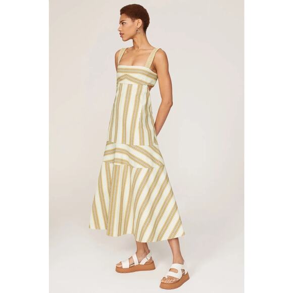 Alexis Sz M Mercier White Gold Striped Square Neck A-Line Cut Out Midi Dress - Picture 1 of 11